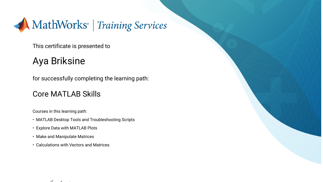 MathWorks certificate – Core MATLAB Skills
